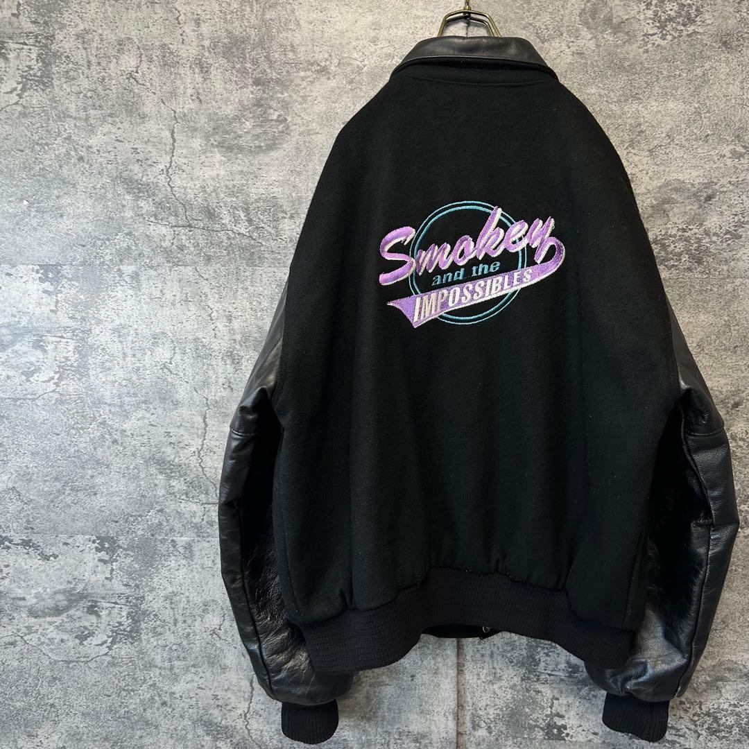 90s ヴィンテージ 刺繍　本革スタジャン　オールブラック　XL アメリカ製