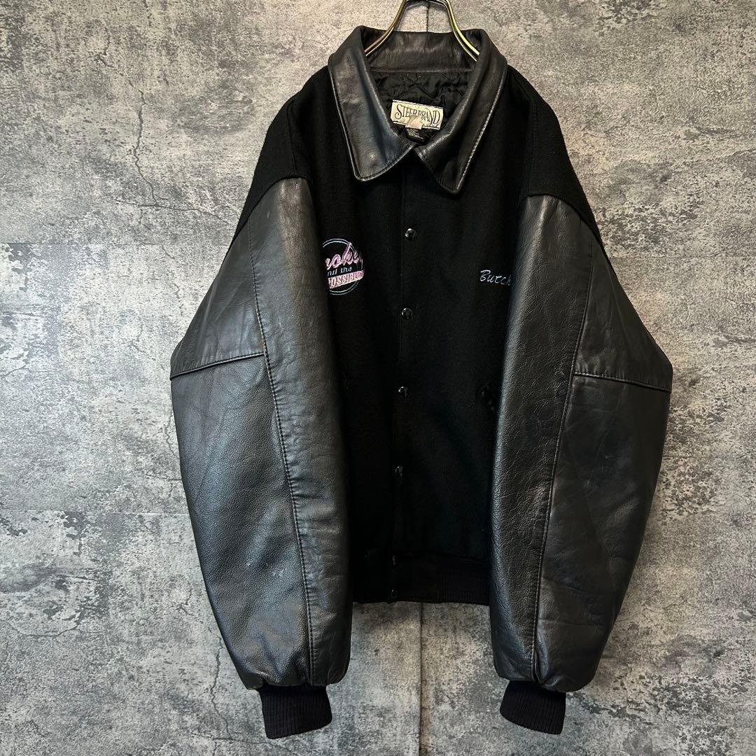 90s ヴィンテージ 刺繍　本革スタジャン　オールブラック　XL アメリカ製
