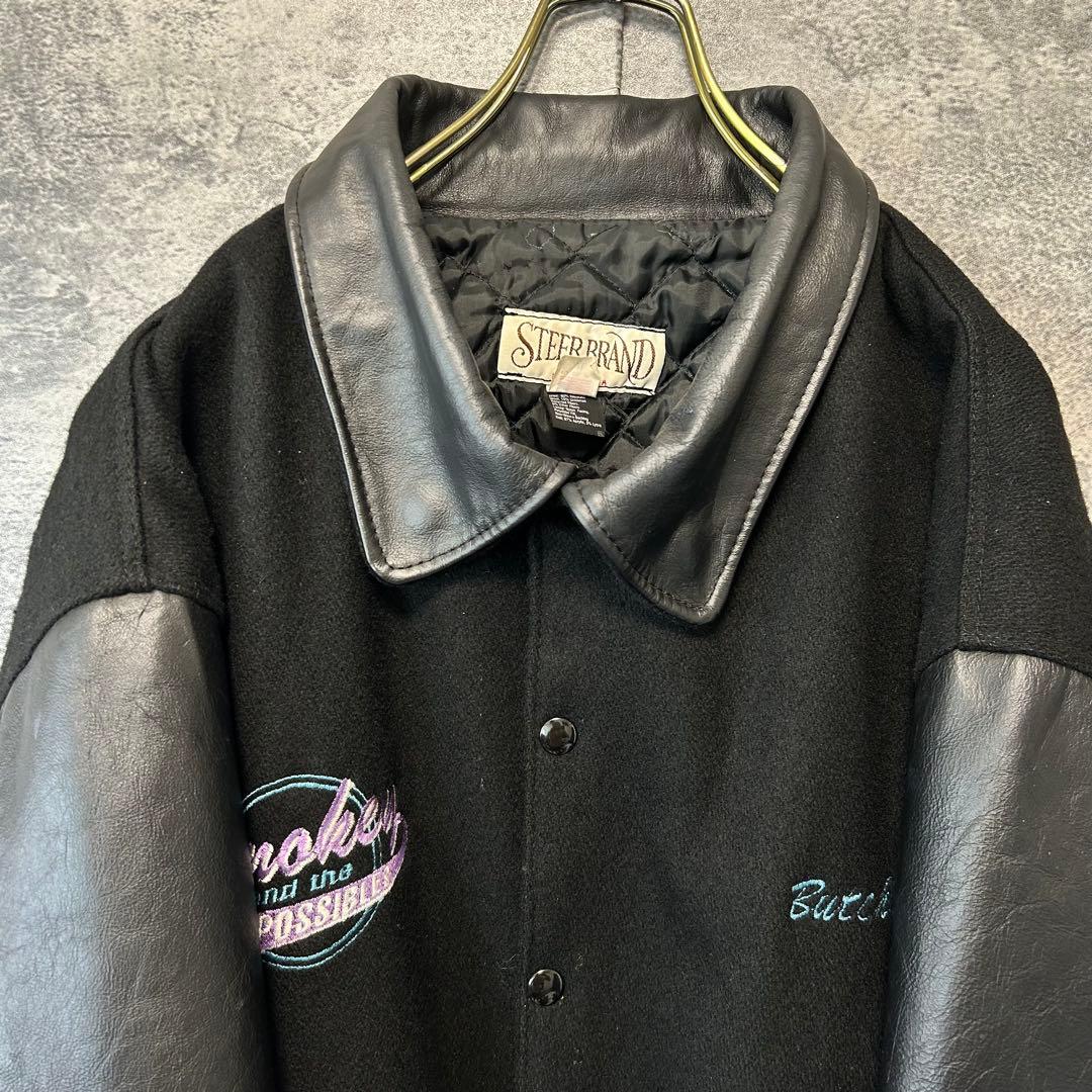 90s ヴィンテージ 刺繍　本革スタジャン　オールブラック　XL アメリカ製