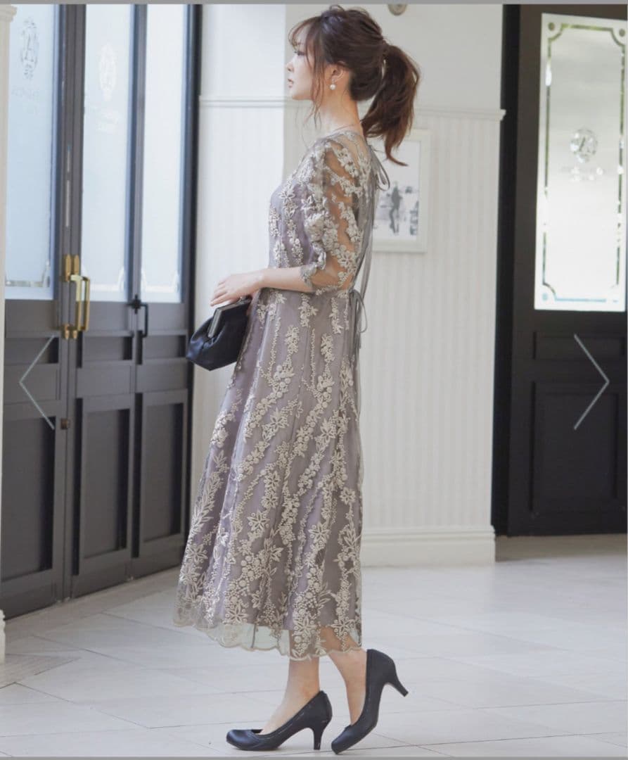 レース長袖マキシワンピース グレー