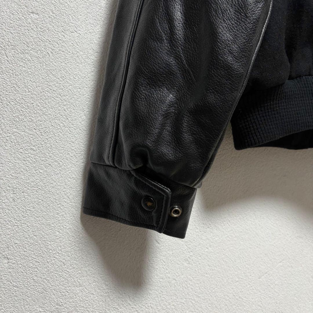 90s ビンテージ スタジャン リアルレザー ウール 本革 黒ブラック サイズM