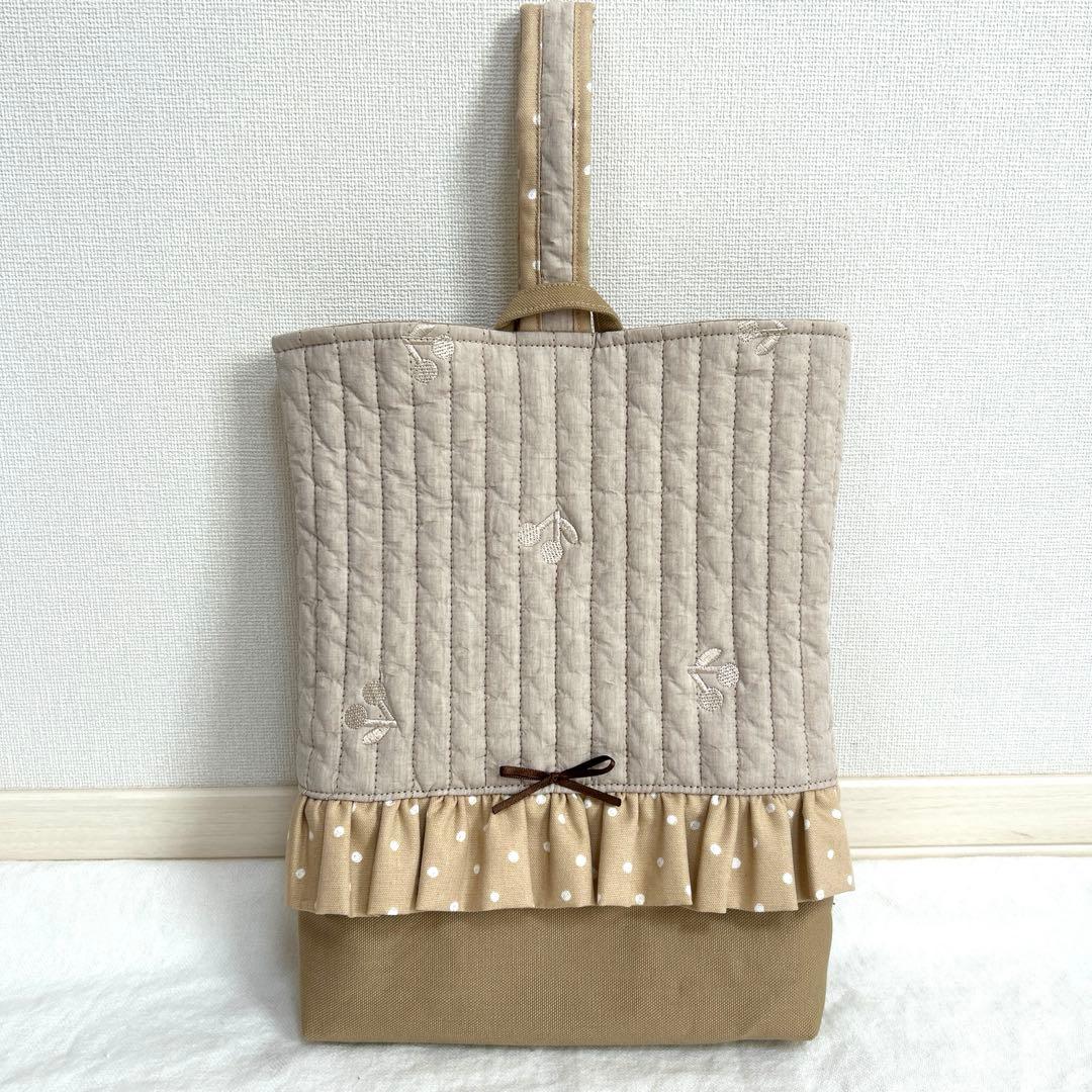 入園入学3点セット 【さくらんぼベージュヌビ】　女の子　レッスンバッグ　手提げ袋