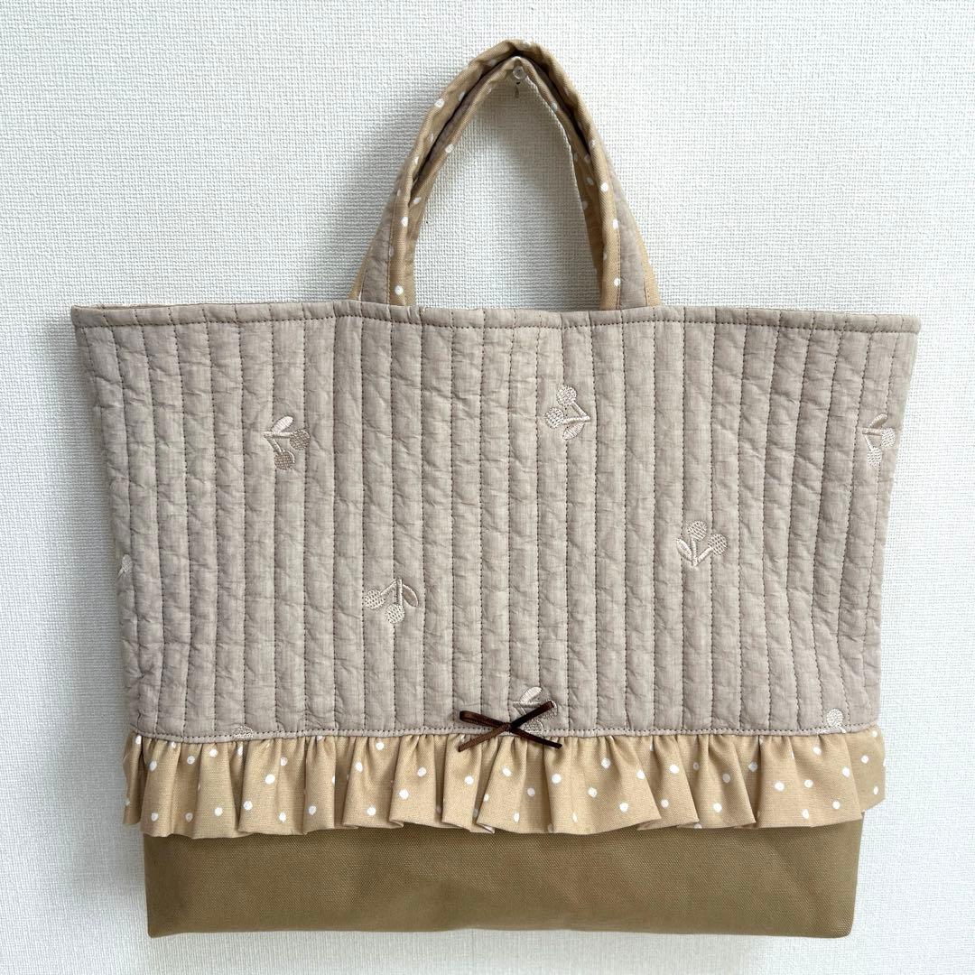 入園入学3点セット 【さくらんぼベージュヌビ】　女の子　レッスンバッグ　手提げ袋