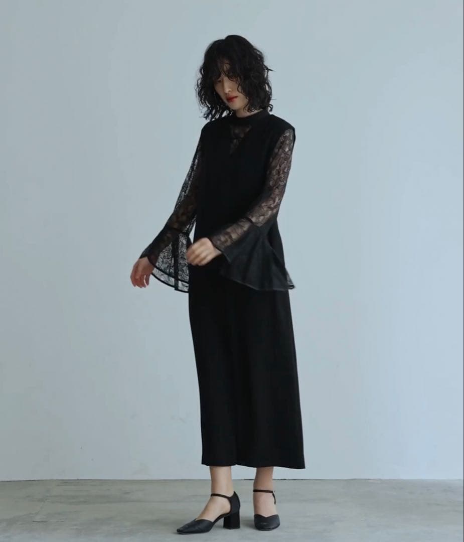 ベルスリーブスリットドレス パーティードレス 結婚式 同窓会 お呼ばれワンピース