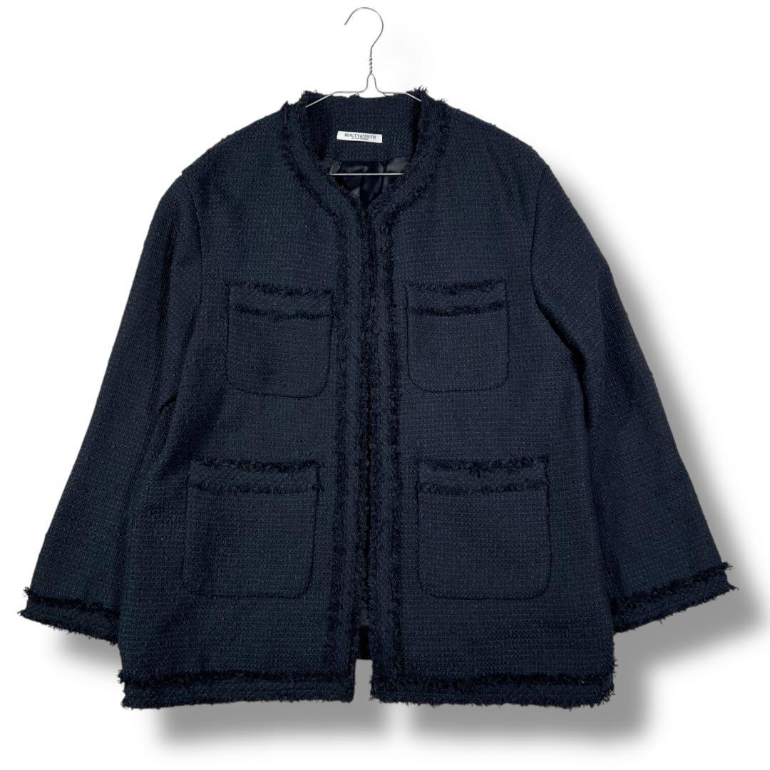 BEAUTY&YOUTH ツイード フリンジ ジャケット　ネイビー M
