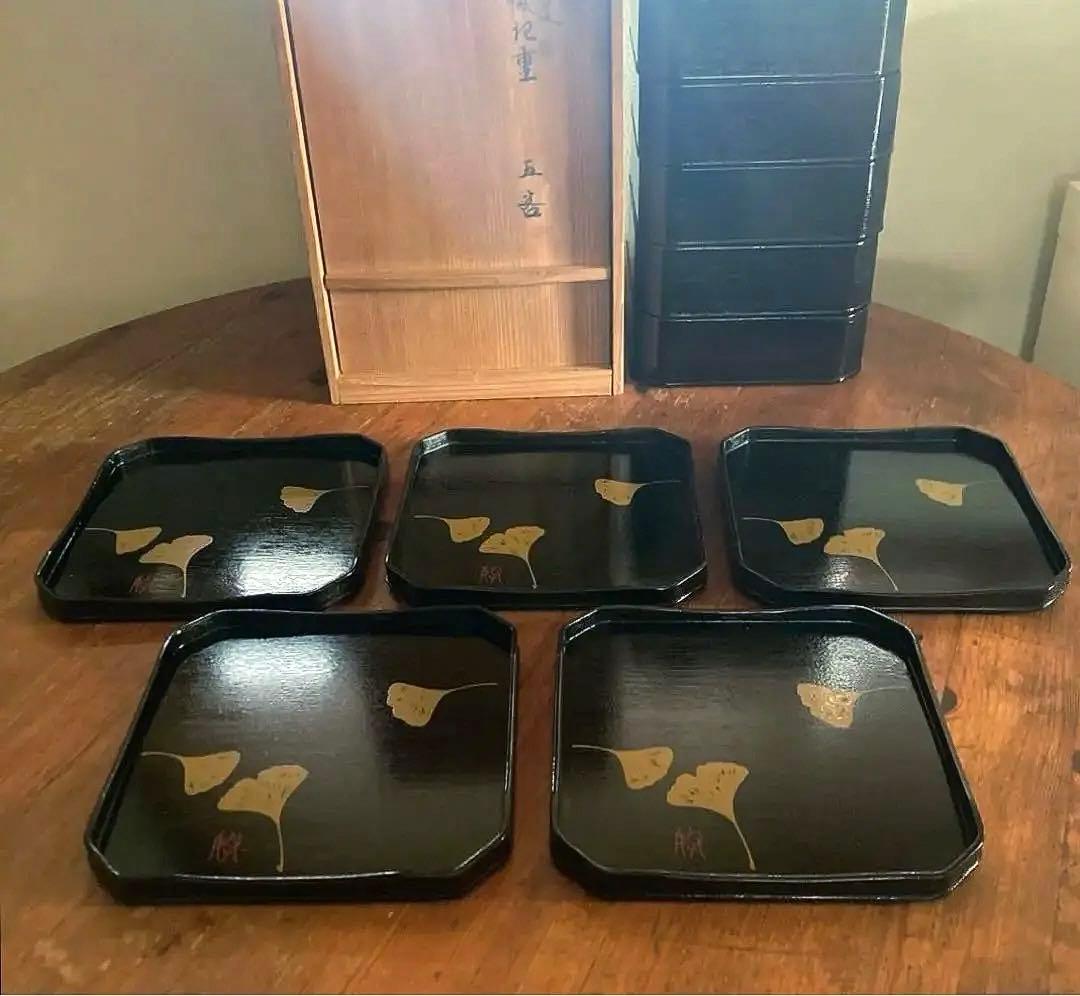 輪島塗　松華堂　山崖宗陽　蒔絵銀杏　黒塗　縁高重　五客セット