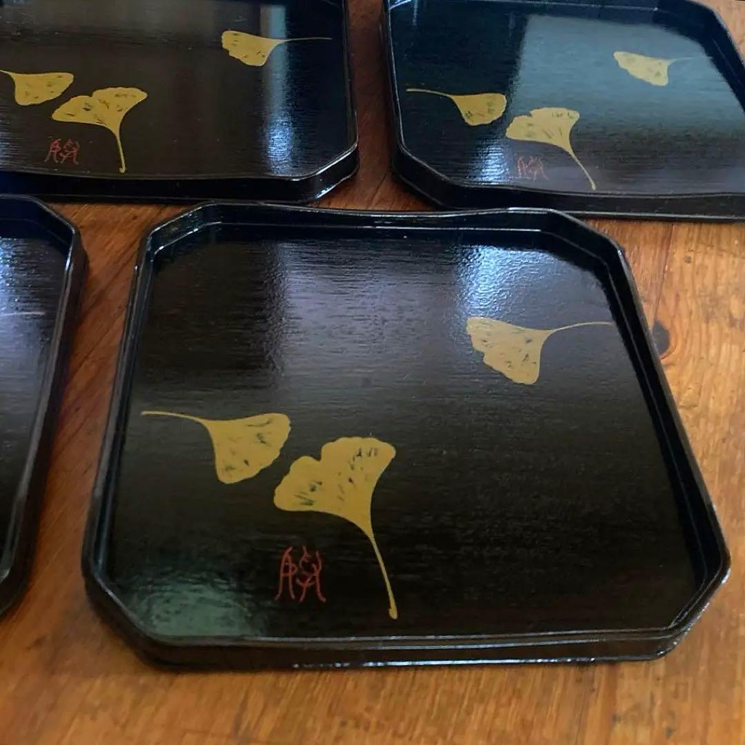 輪島塗　松華堂　山崖宗陽　蒔絵銀杏　黒塗　縁高重　五客セット