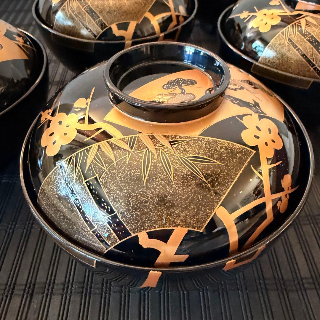 【未使用保管品】輪島塗 【天然木製 本漆塗】金彩蒔絵 松竹梅 吸物椀 5客