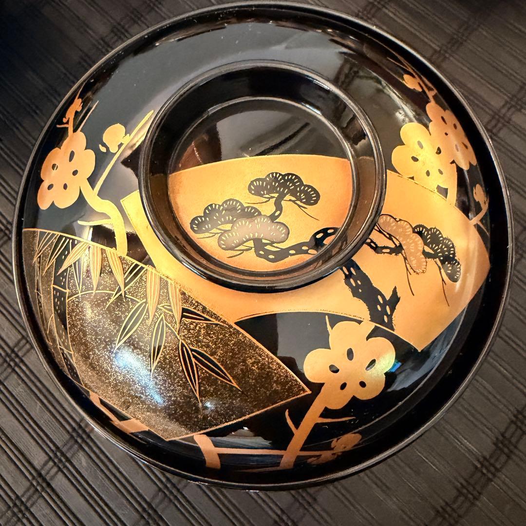 【未使用保管品】輪島塗 【天然木製 本漆塗】金彩蒔絵 松竹梅 吸物椀 5客