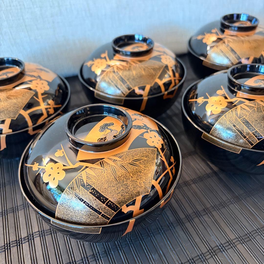 【未使用保管品】輪島塗 【天然木製 本漆塗】金彩蒔絵 松竹梅 吸物椀 5客