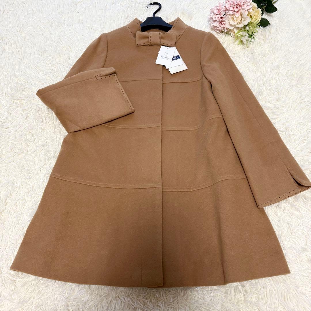 【新品同様　タグ付き】リボン　ウール　ステッチ　コート　ベージュ　38