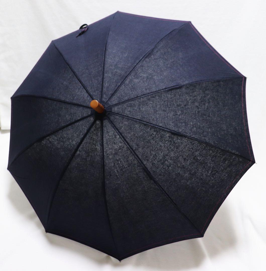 新品 日本製 デニム調生地使用 上品木製わっかハンドル 高級長傘 日傘 8本骨