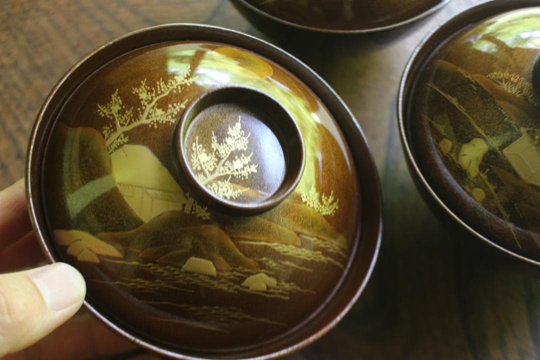 時代逸品！時代総梨地に優美な山水楼閣蒔絵の映えるお椀5点（検輪島塗蒔絵椀懐石椀