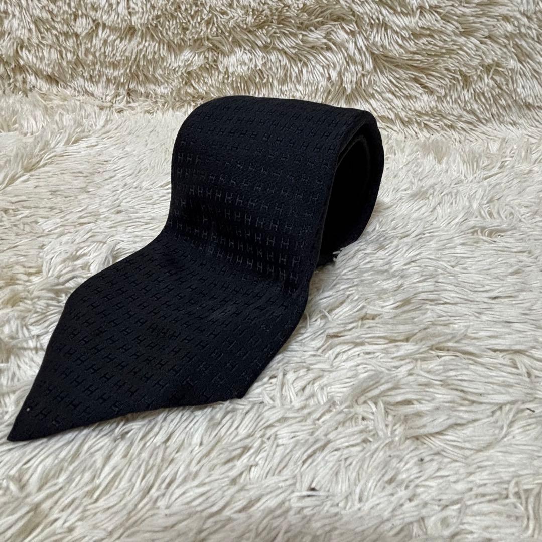 【美品】　エルメス　ネクタイ　メンズ　黒 H総柄 モノグラム 高級シルクソリッド