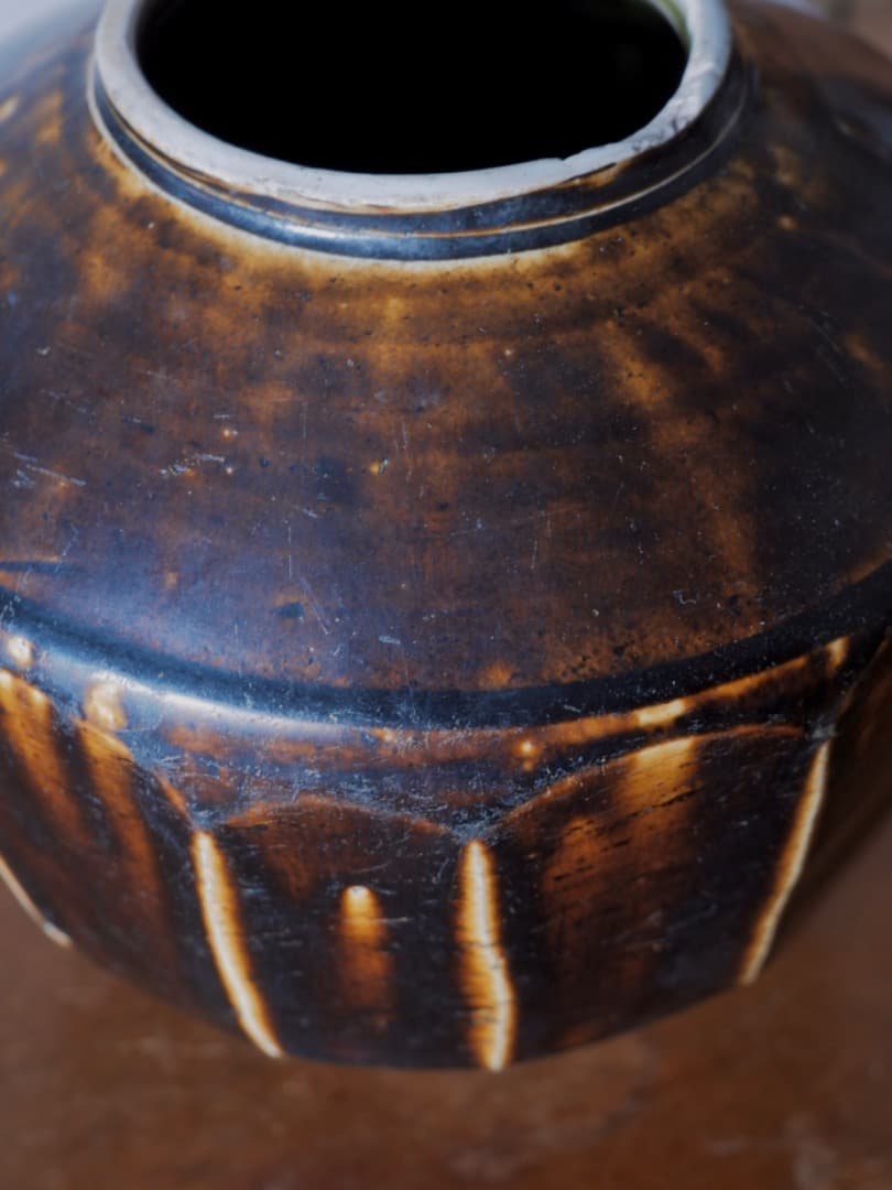 「19日まで掲載」李朝　朝鮮美術　飴釉　面取大壷　花瓶　古民藝　古道具Q2212
