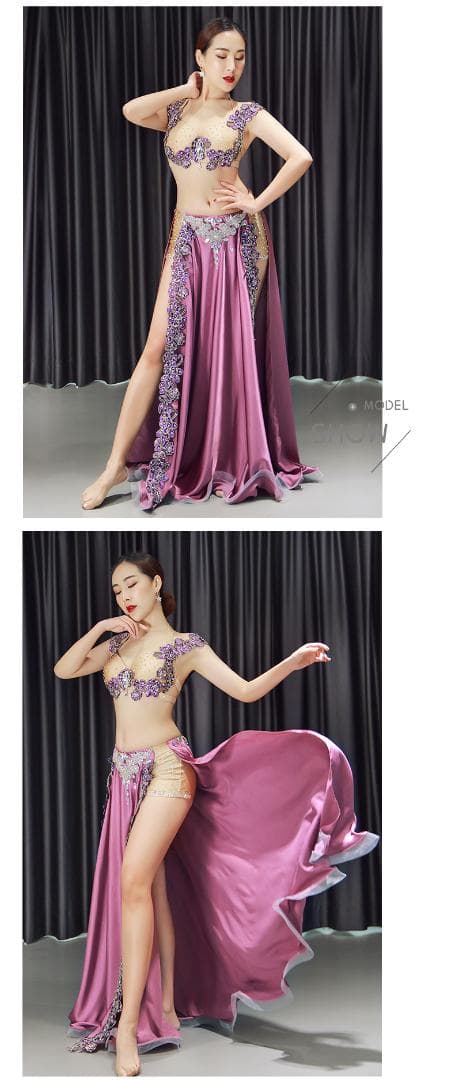 ベリーダンス衣装 ベロア調ビジュー ロングスカートピンク舞台ステージ用