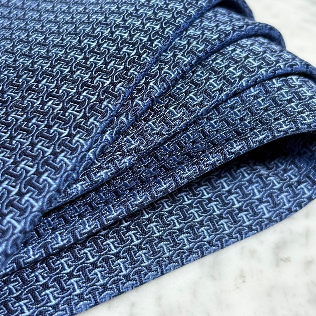 HERMES ネクタイ ブルー ネイビー H柄 パターン柄 ファソネ