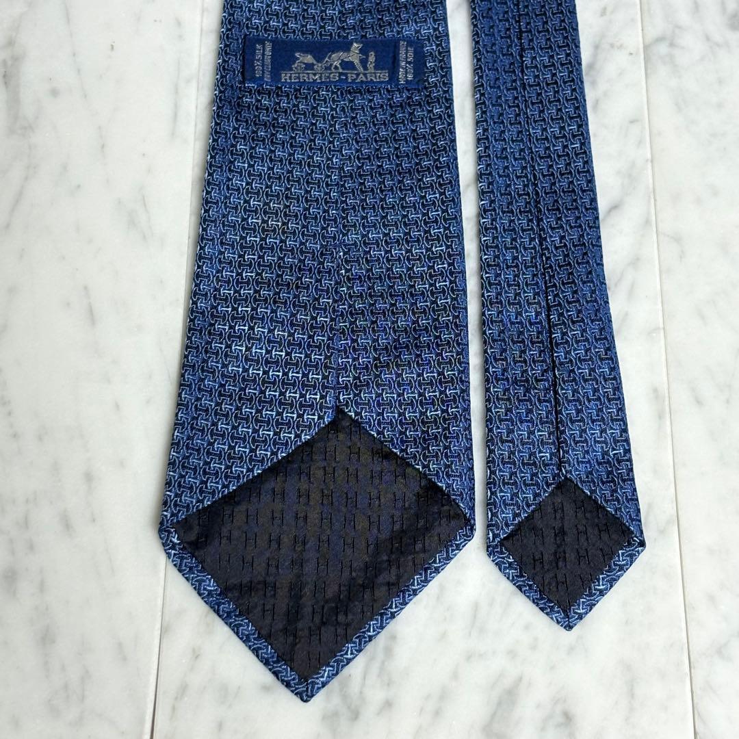 HERMES ネクタイ ブルー ネイビー H柄 パターン柄 ファソネ