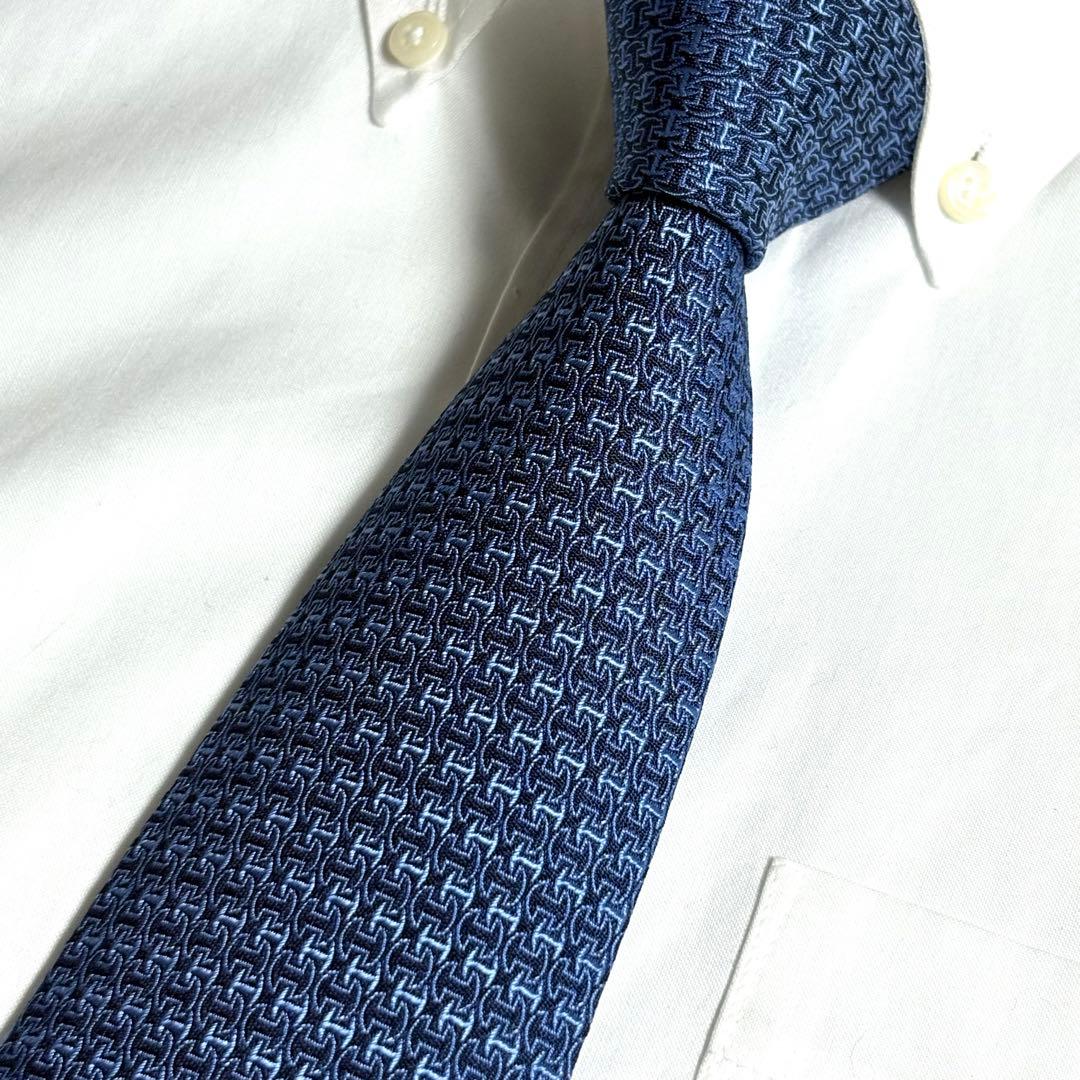 HERMES ネクタイ ブルー ネイビー H柄 パターン柄 ファソネ