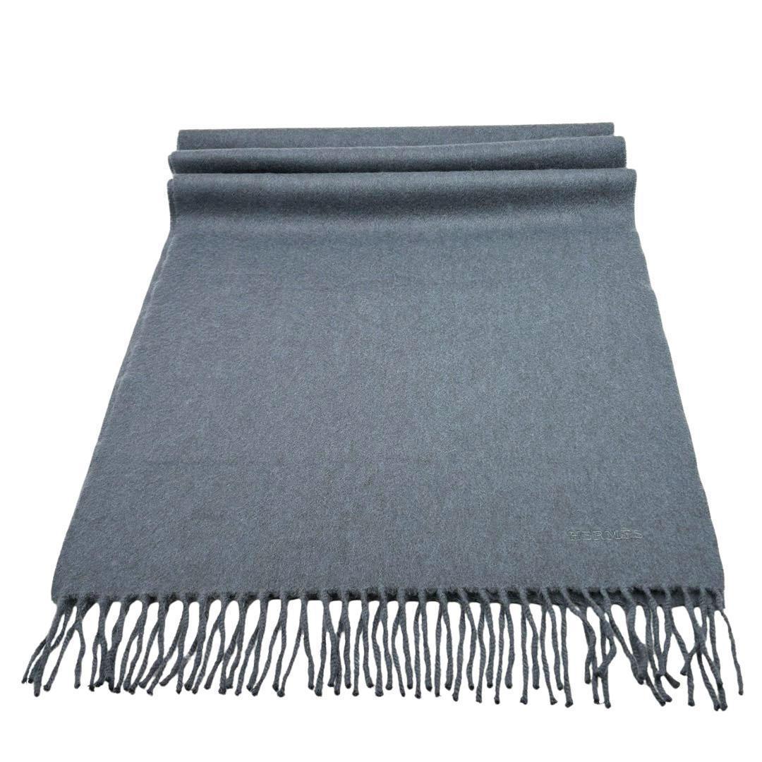 【美品】エルメス マフラー レクトヴェルソ カシミヤ ブルーグレー系 1M4