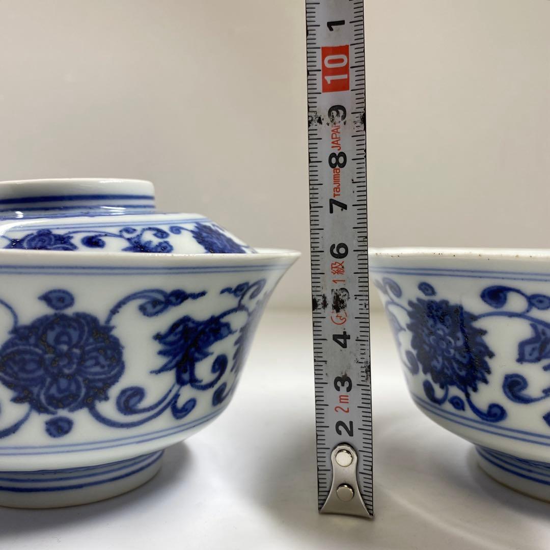 中国清時代　唐草文蓋茶碗2客直径12.5/12.7㎝タトチ東な7-0211☆2F