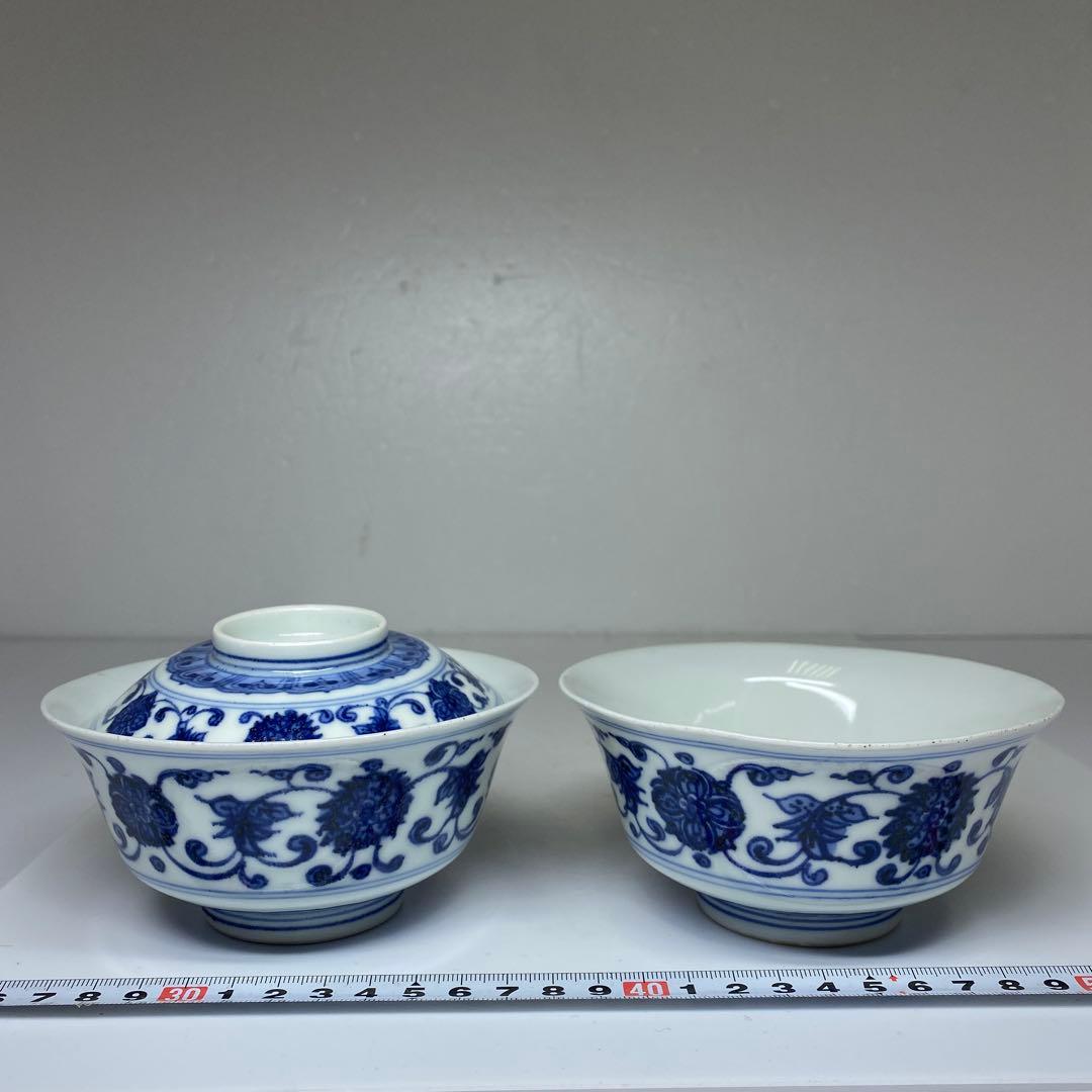 中国清時代　唐草文蓋茶碗2客直径12.5/12.7㎝タトチ東な7-0211☆2F