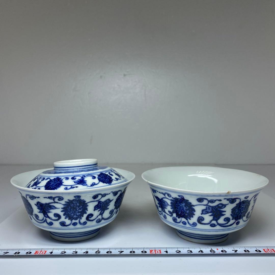 中国清時代　唐草文蓋茶碗2客直径12.5/12.7㎝タトチ東な7-0211☆2F