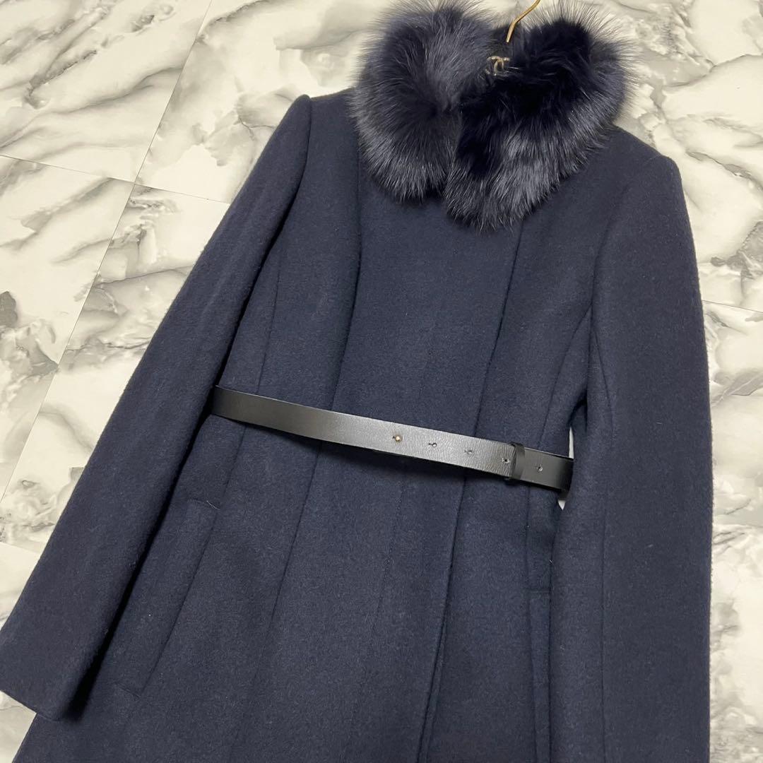 【美品】エポカ　2way ロングコート　フォックスファー　ステンカラー　ネイビー