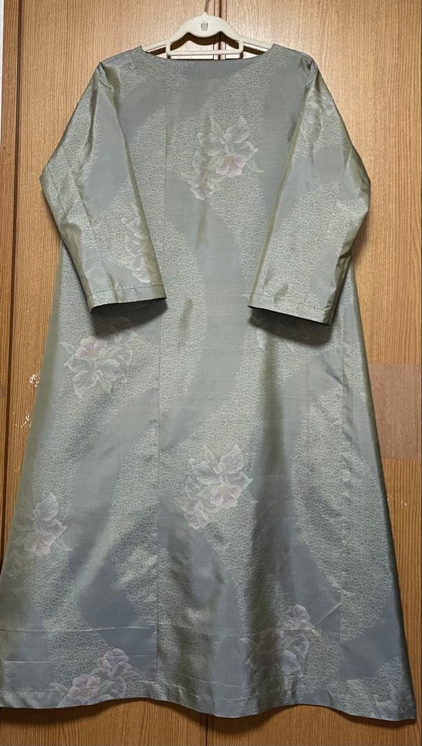 着物リメイク　大島のAラインワンピース リボン(共布紐ベルト)付き