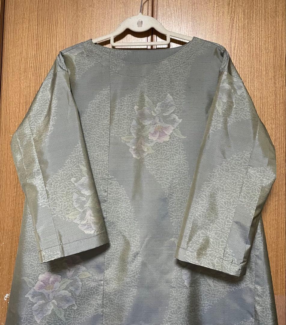 着物リメイク　大島のAラインワンピース リボン(共布紐ベルト)付き