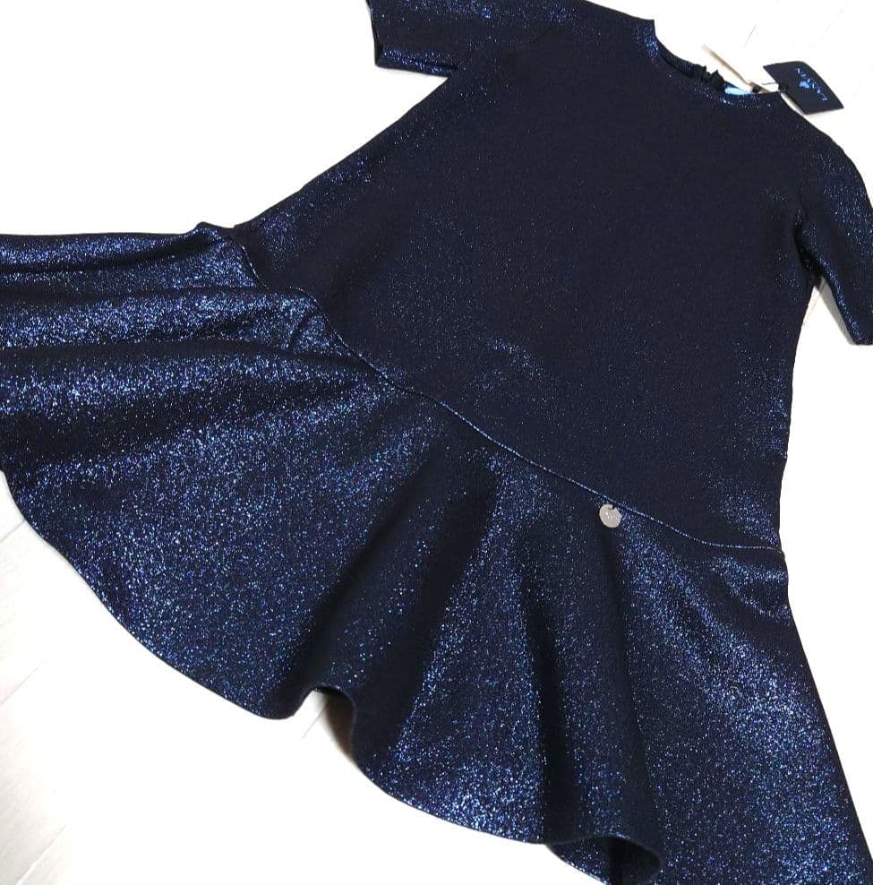 ランバンsize10/140サイズ　フレアカットワンピースドレス　青　キラキラ