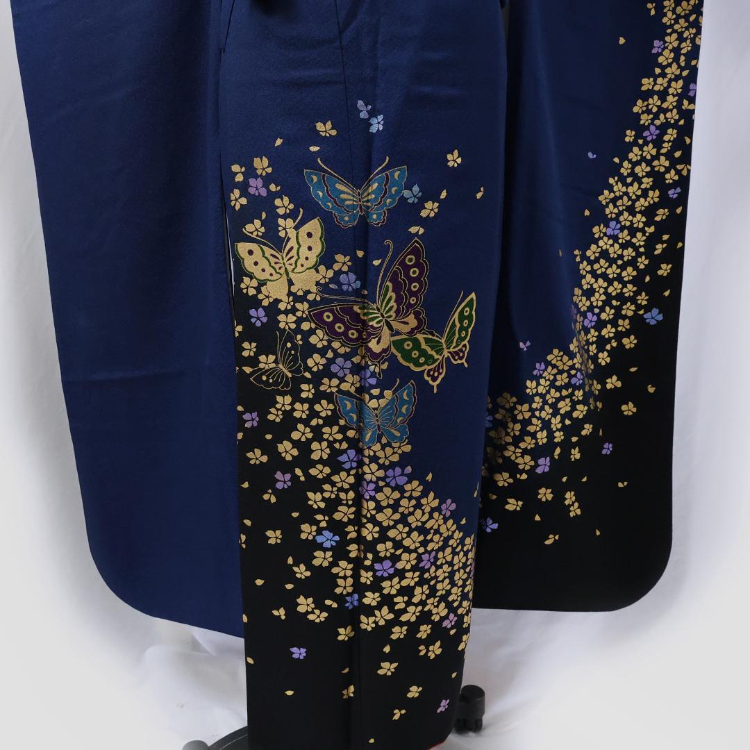 蝶柄◆166cm振袖7点セット ◆フルセットネイビー系成人式紺色前撮りSf04