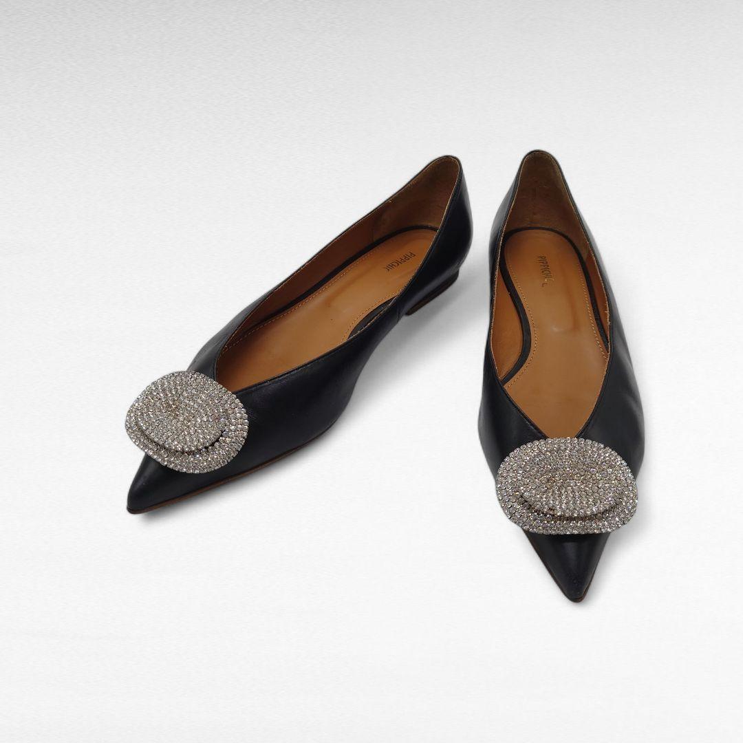 PIPPICHIC ピッピシック JEWERLY 黒 レザー フラットシューズ