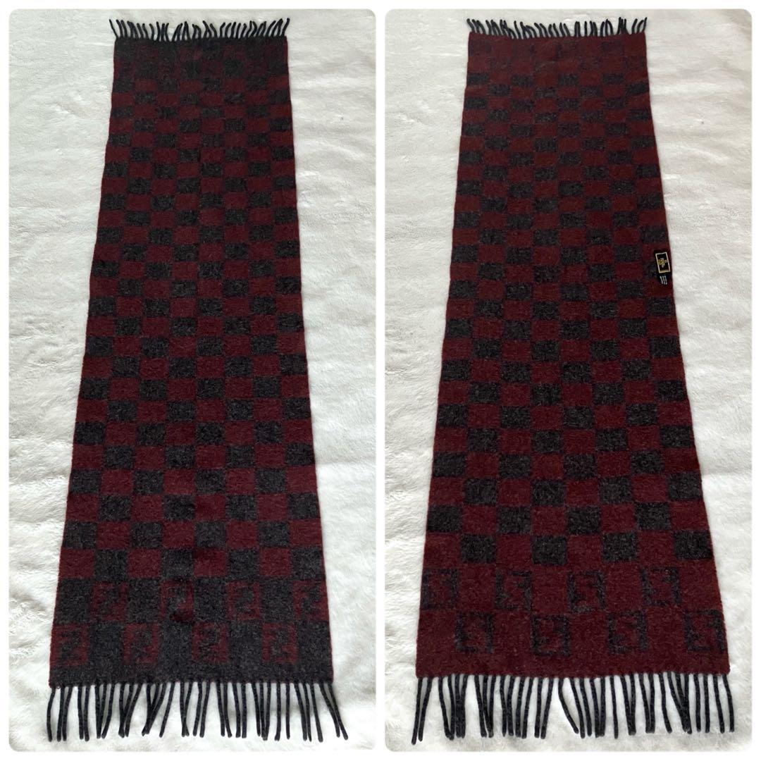 フェンディ ウール100% ズッカ スクエア柄 マフラー グレー×レッドブラウン