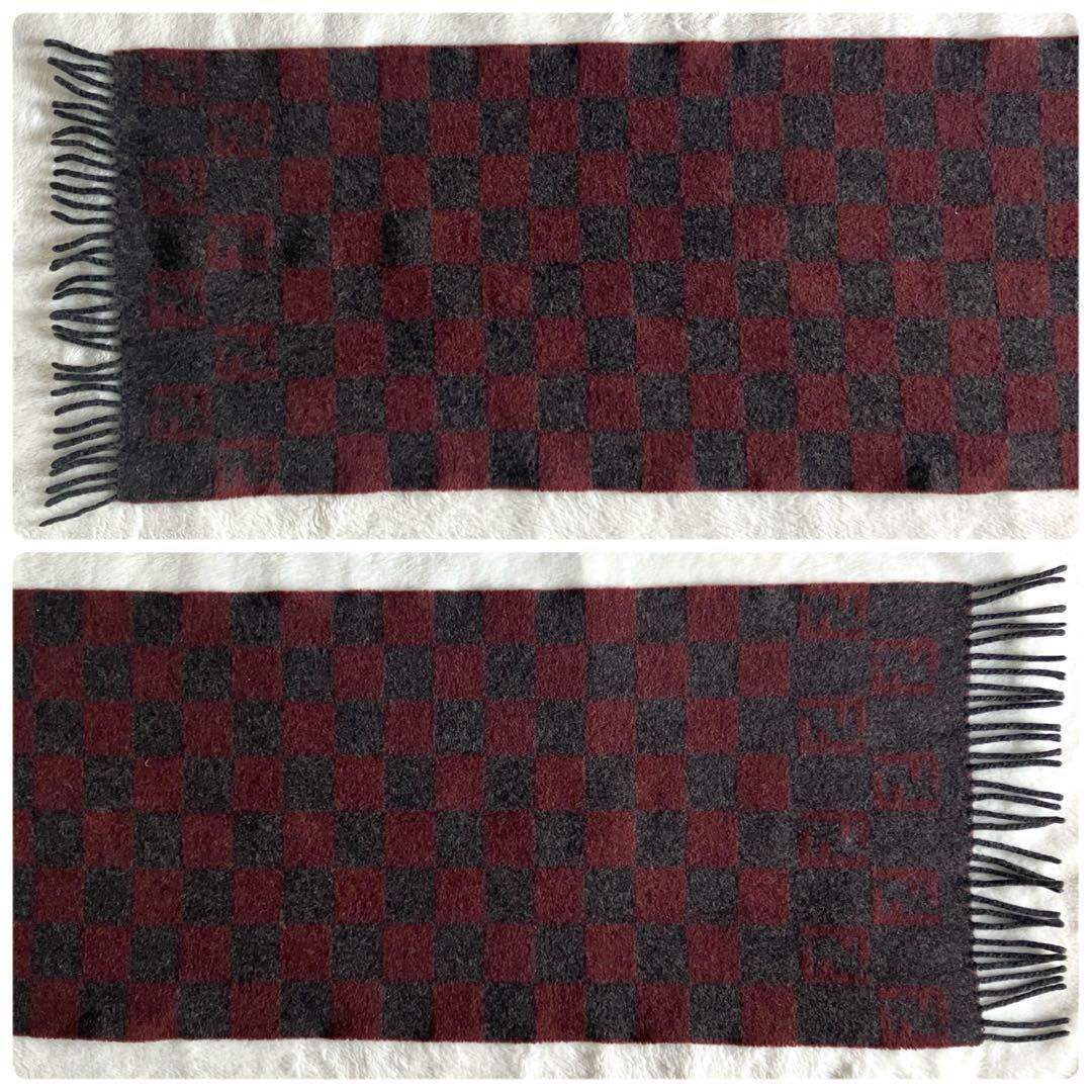 フェンディ ウール100% ズッカ スクエア柄 マフラー グレー×レッドブラウン