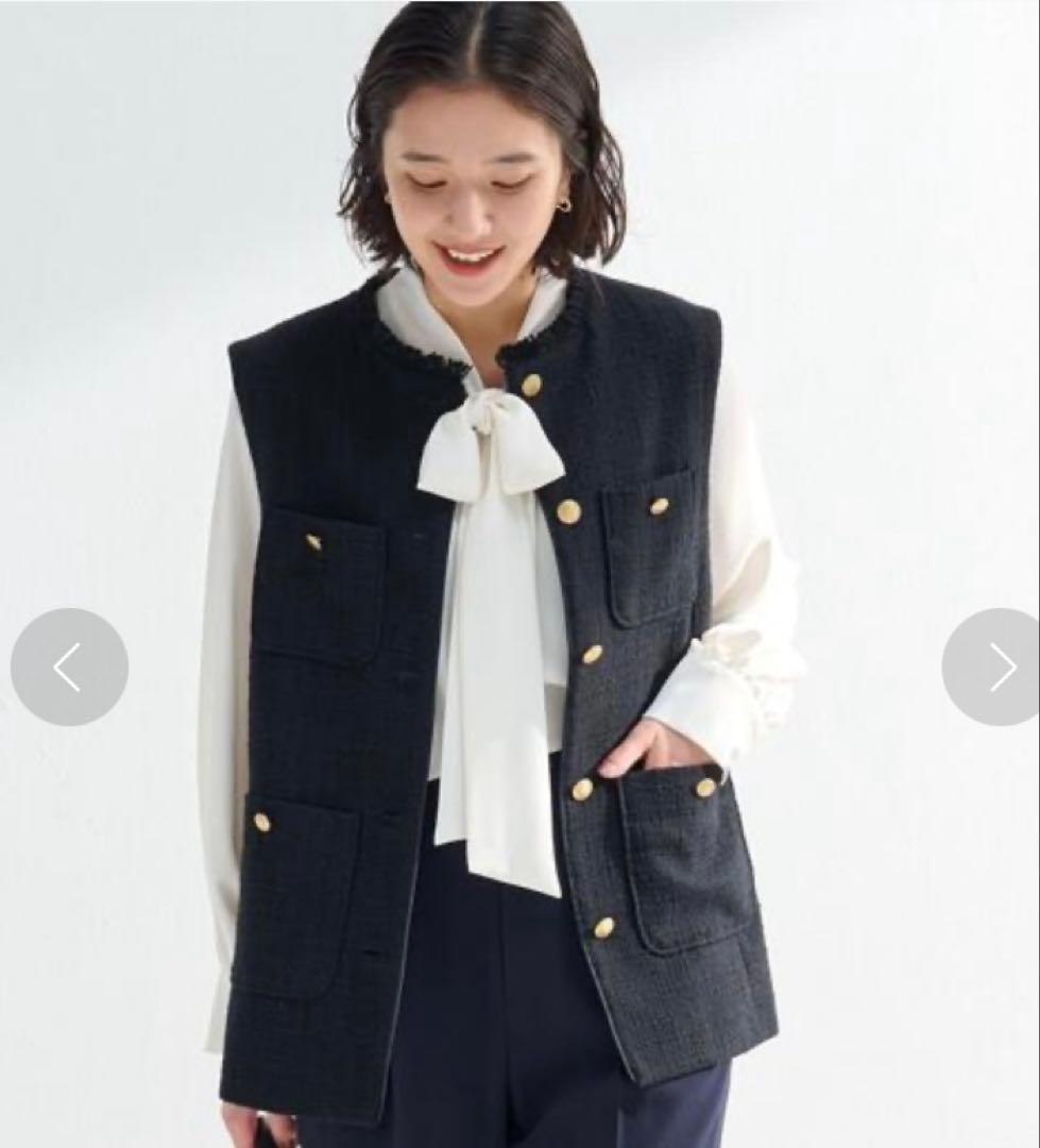 ツイードフリンジポケットベスト　ツイードベスト　ネイビー　金ボタン　セレモニー