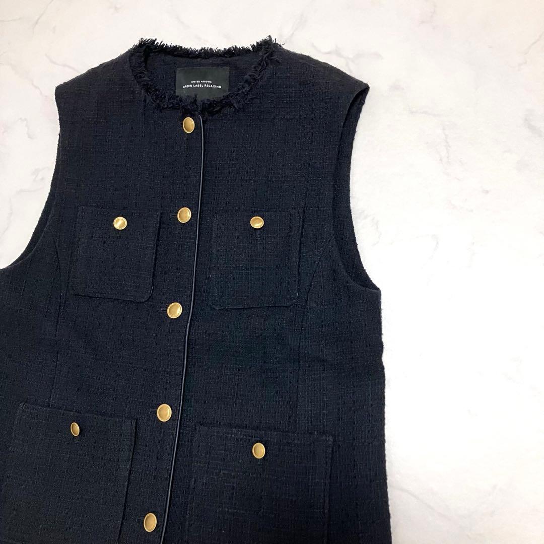 ツイードフリンジポケットベスト　ツイードベスト　ネイビー　金ボタン　セレモニー