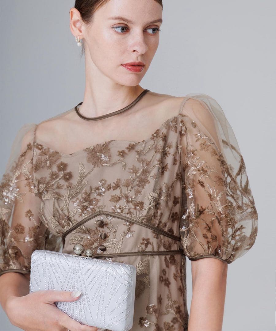 Leja フラワーディテールパフスリーブ ワンピースドレス結婚式二次会成人式