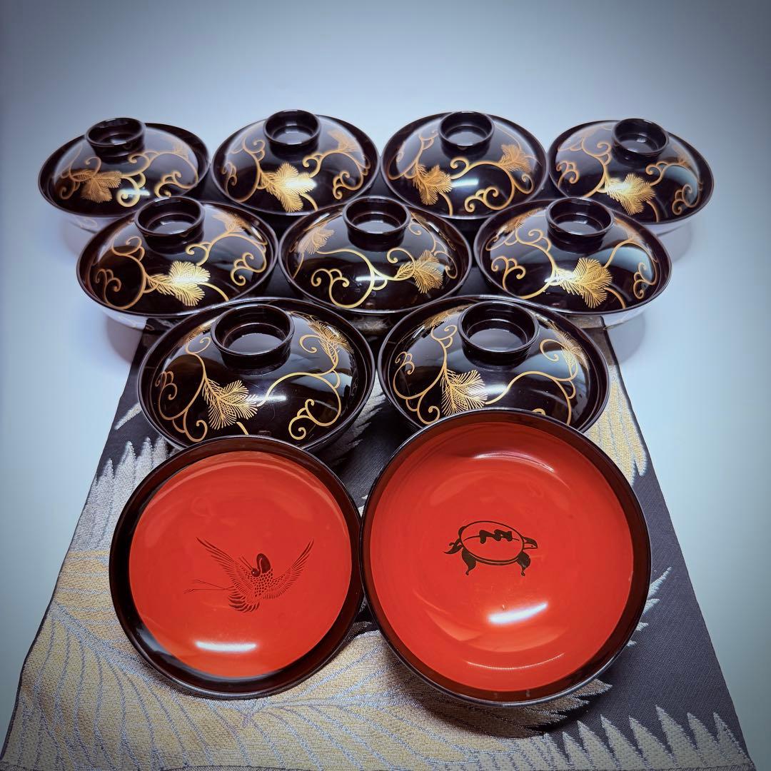 漆器　輪島塗　沈金　金蒔絵　羽　亀　鳳凰　木製　蓋付椀　お煮物椀　吸物椀　10客