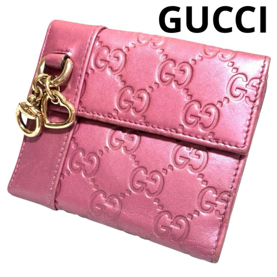 グッチ　折り財布　GGシマ　レザー　メタルピンク　チャーム　ハート　Wホック
