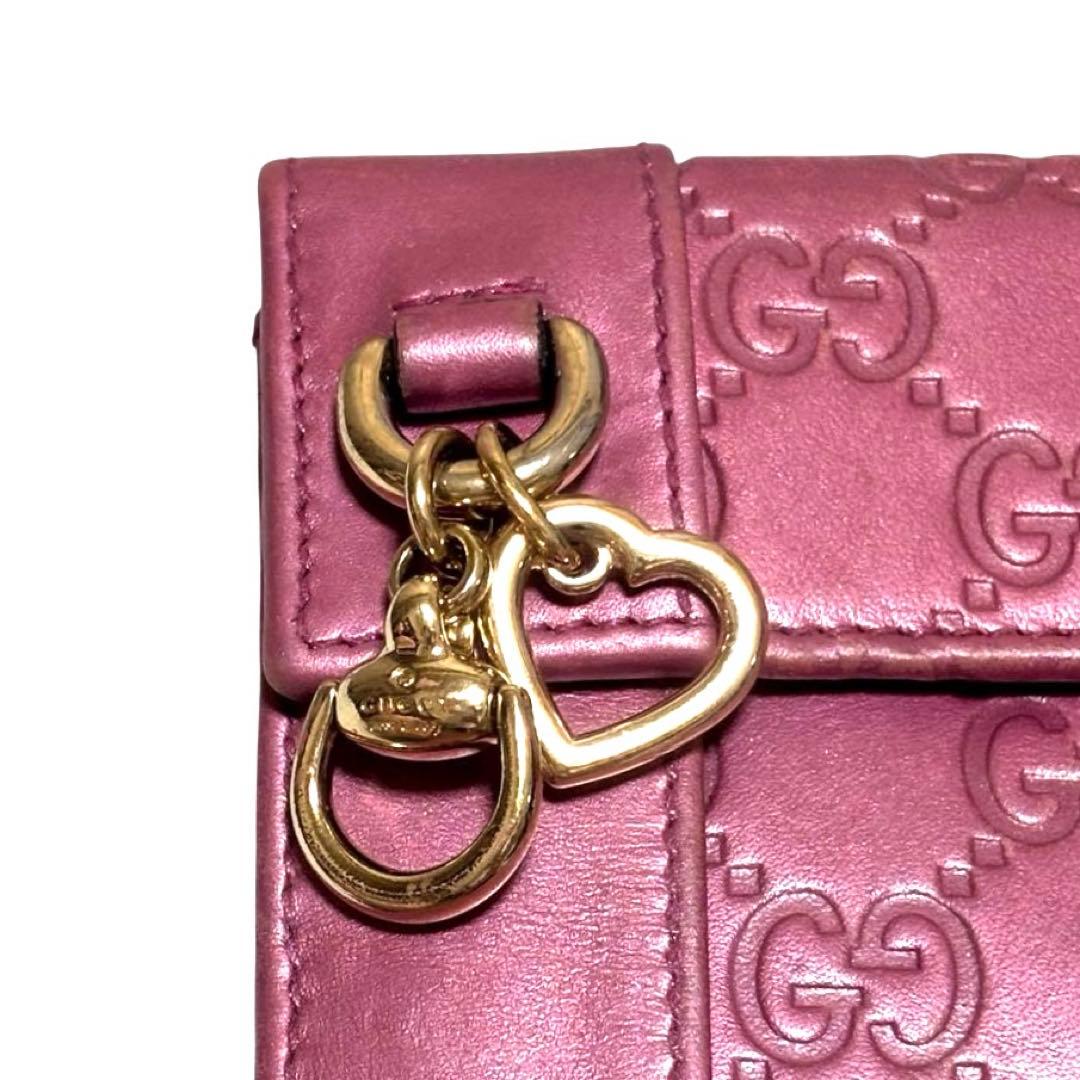 グッチ　折り財布　GGシマ　レザー　メタルピンク　チャーム　ハート　Wホック