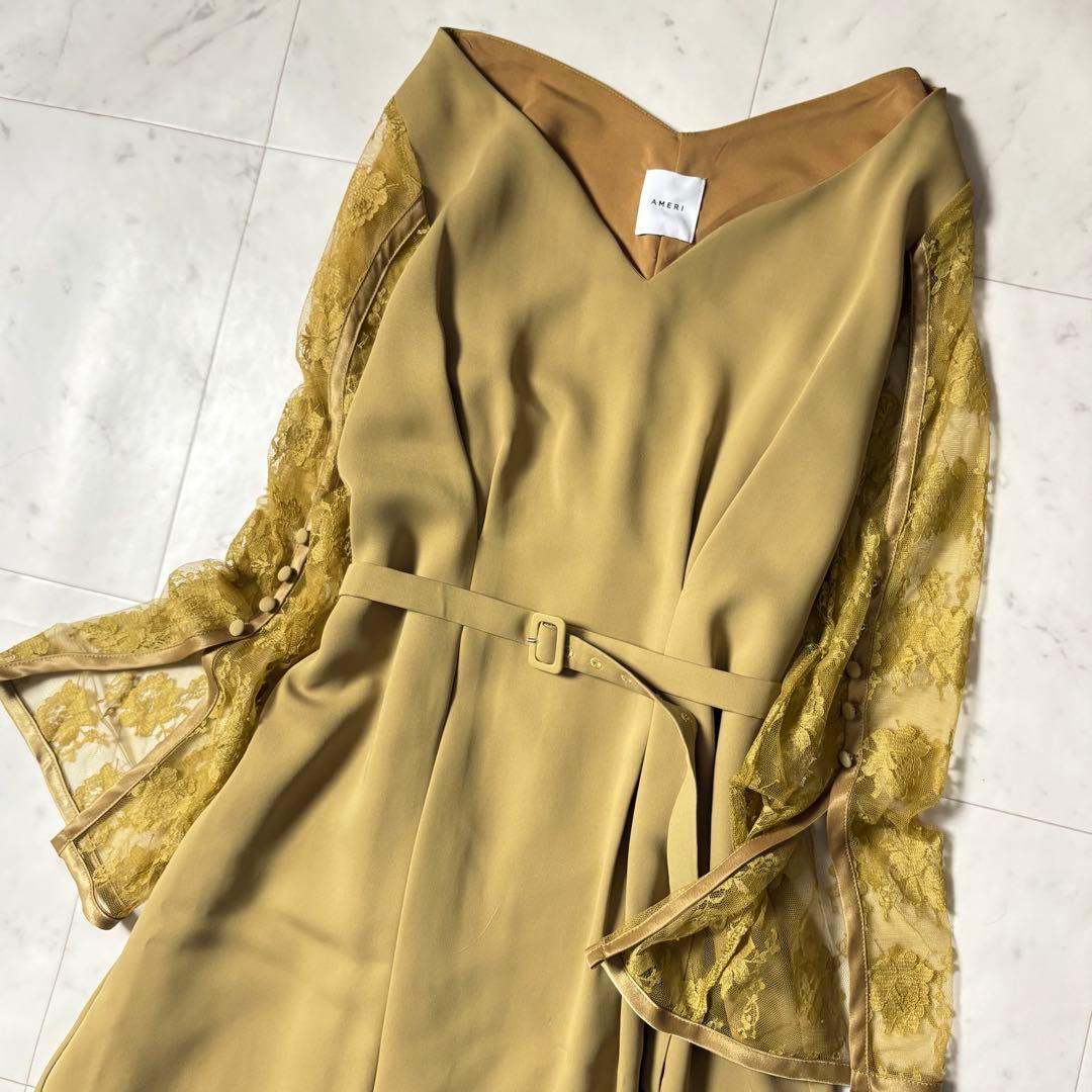 新品同様 アメリ AMERI レーススリーブロングドレス マスタード ベルト付き