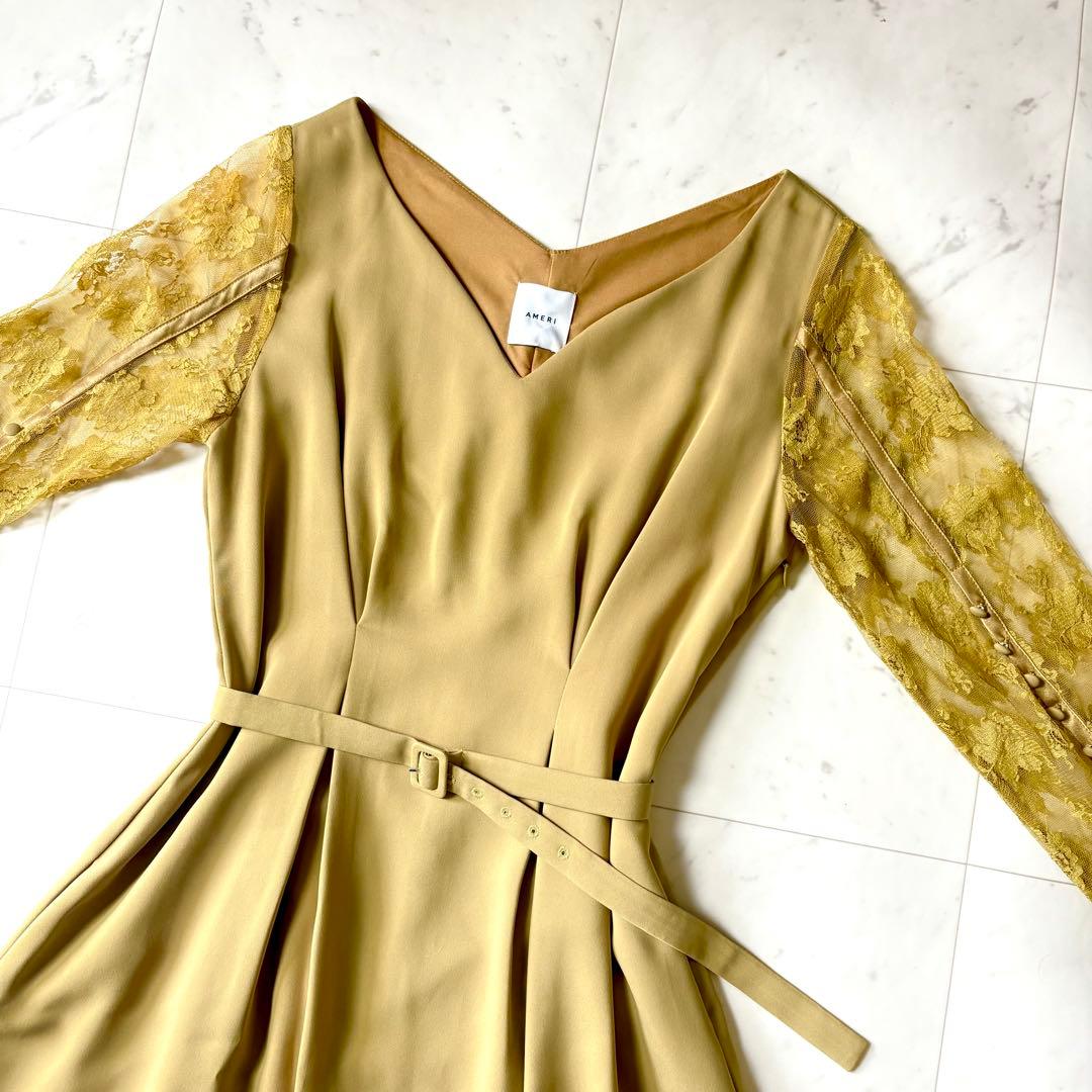 新品同様 アメリ AMERI レーススリーブロングドレス マスタード ベルト付き