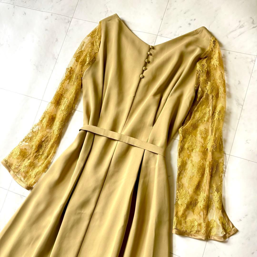 新品同様 アメリ AMERI レーススリーブロングドレス マスタード ベルト付き