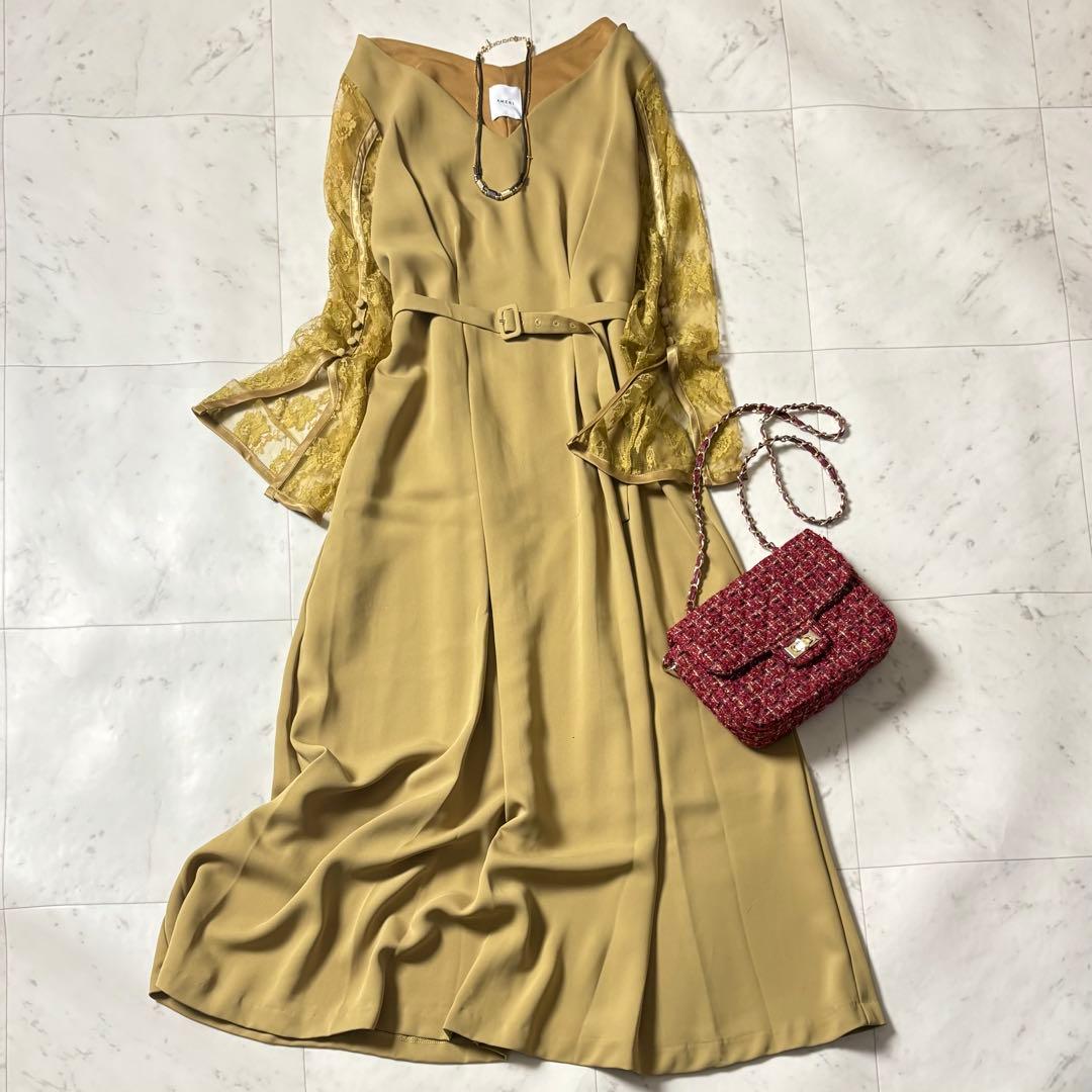 新品同様 アメリ AMERI レーススリーブロングドレス マスタード ベルト付き