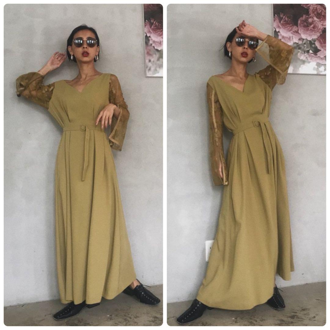 新品同様 アメリ AMERI レーススリーブロングドレス マスタード ベルト付き