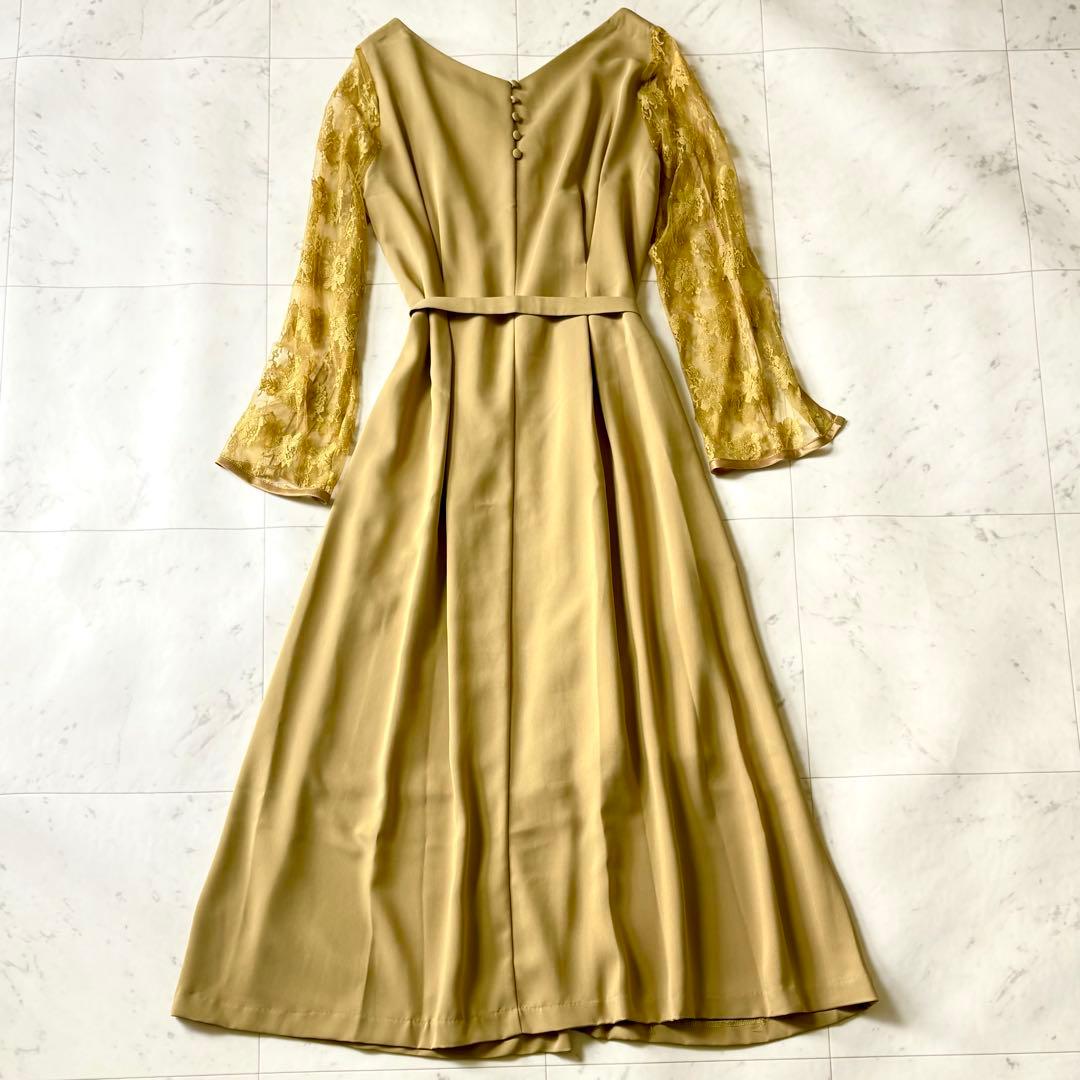 新品同様 アメリ AMERI レーススリーブロングドレス マスタード ベルト付き