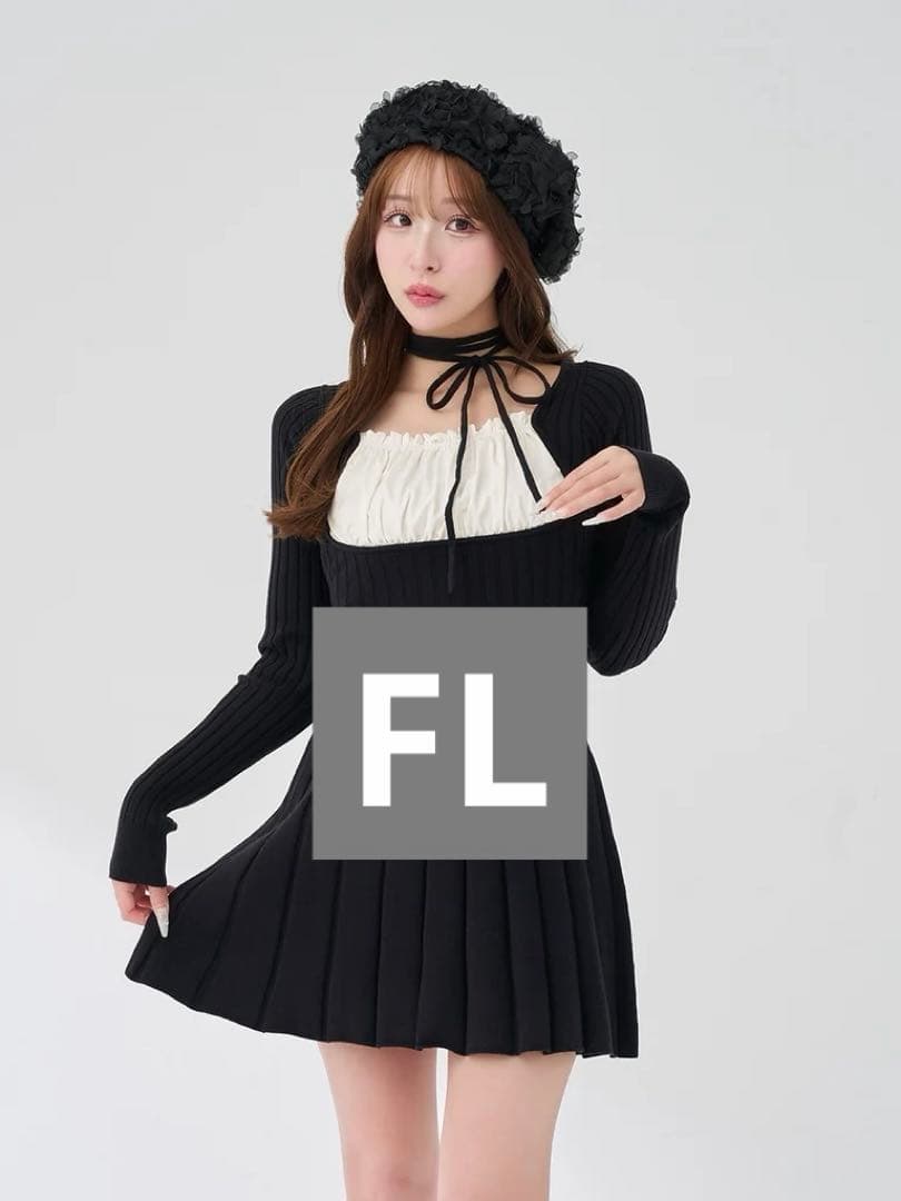 Darich ネックリボンデザインフレアニットミニワンピース FL BLK
