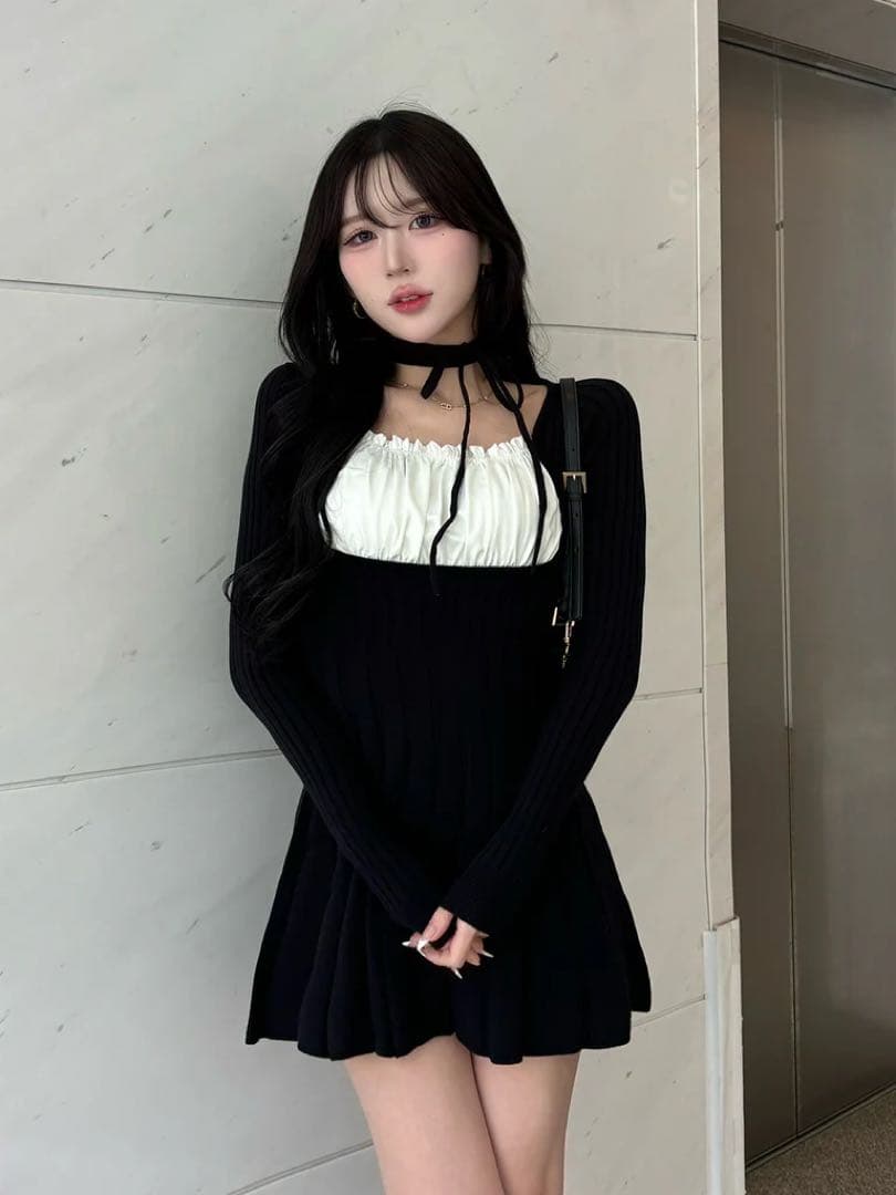 Darich ネックリボンデザインフレアニットミニワンピース FL BLK