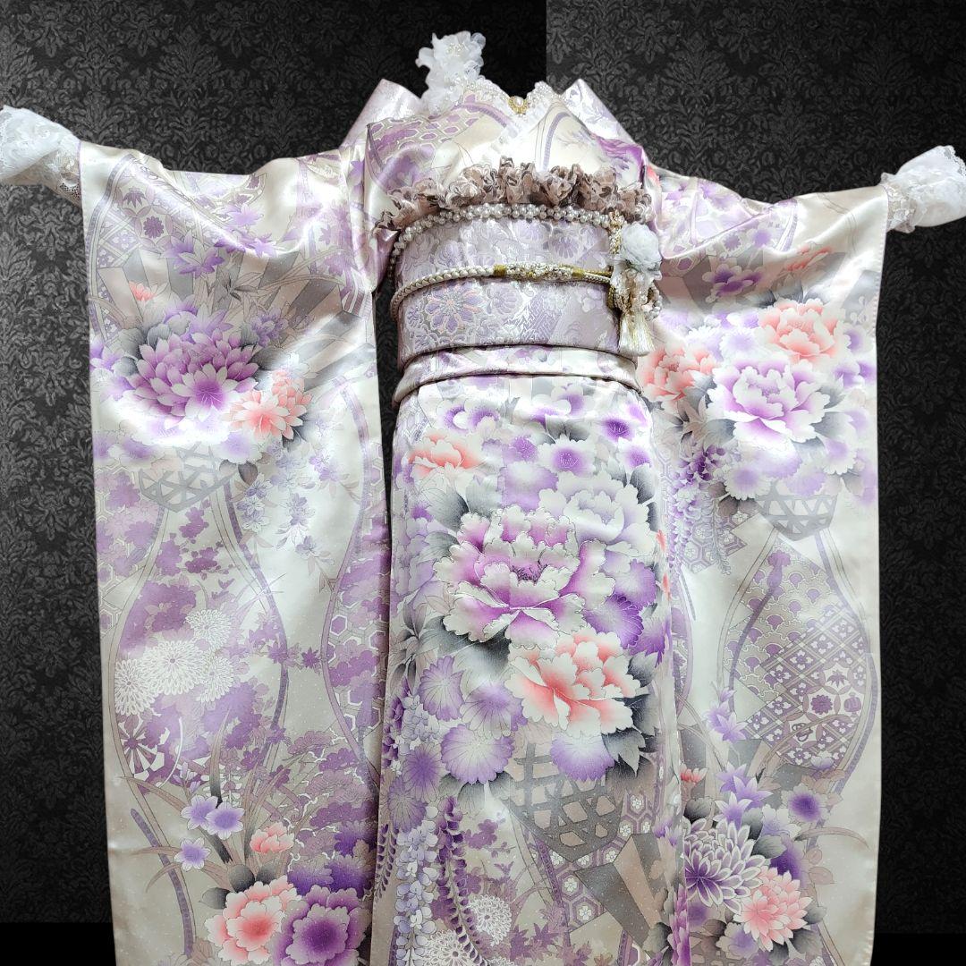 振袖フルセット(12点)・成人式・くすみ・豪華刺繍・銀彩加工・大輪牡丹・正絹